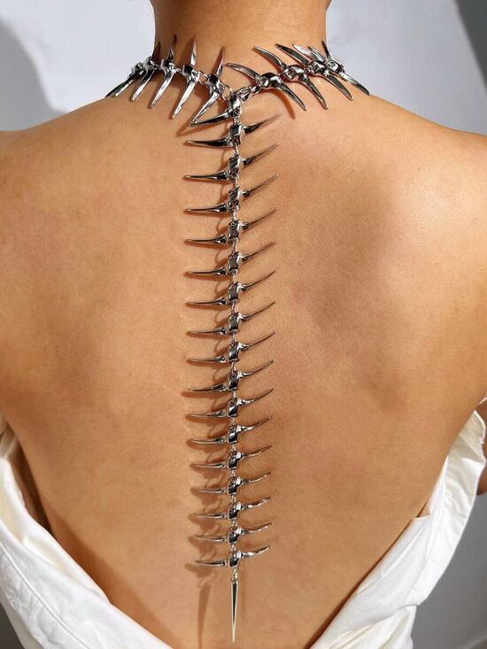 Wicked Silk Jewelry - Punk Avant-garde Silver Skeleton Spine Bone Statement Choker Necklace